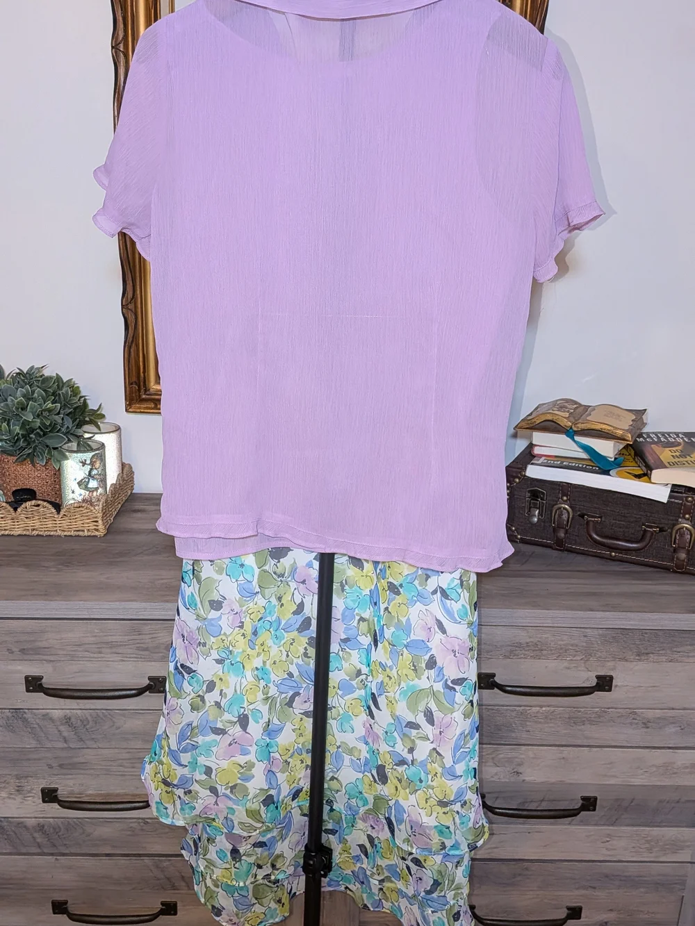 Notations 3 Piece Skirt Set Medium Purple Button Top Floral Skirt
